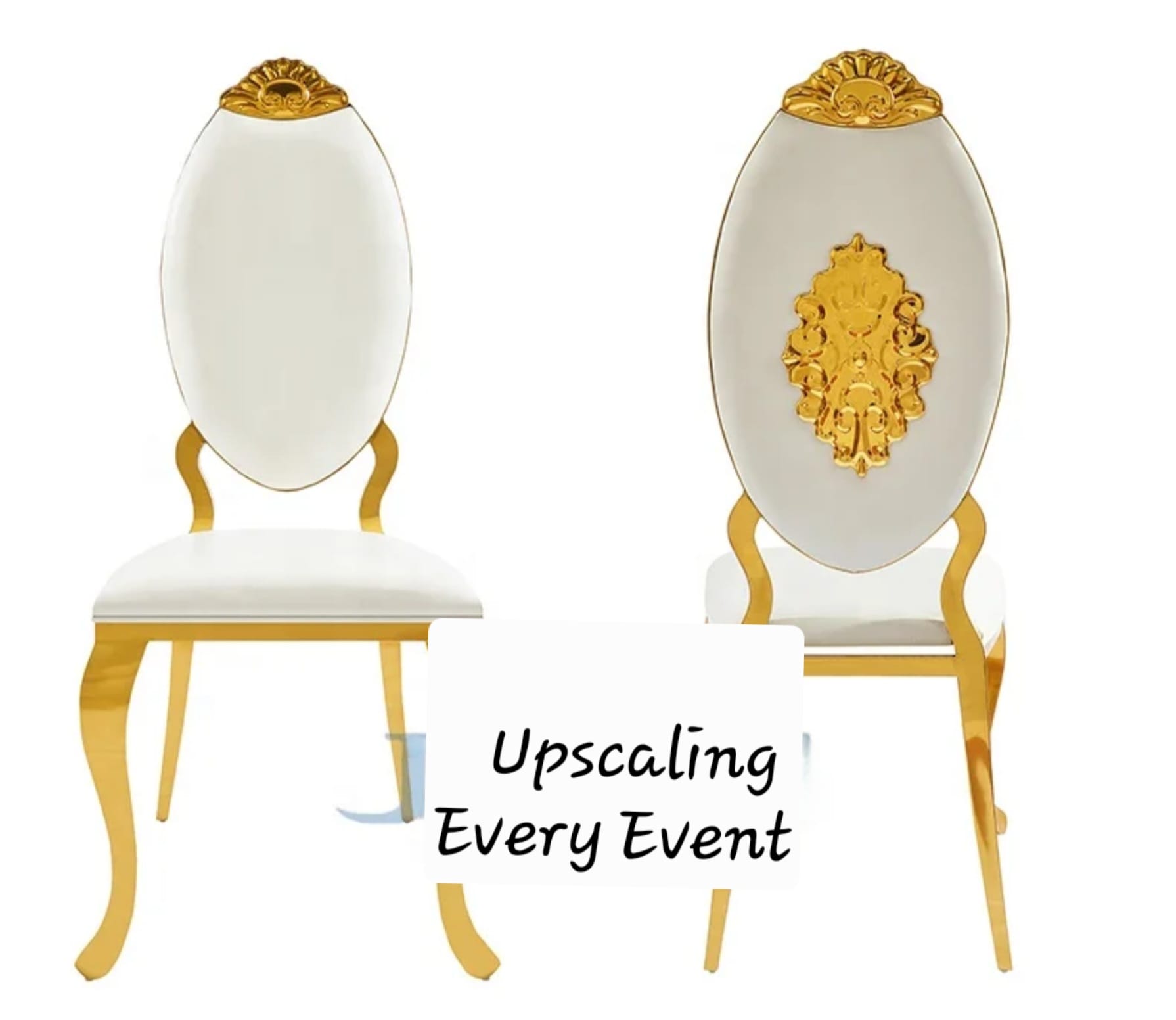 Gold Emblem chair pair: plain white back with crown crest, and white back with ornate gold medallion