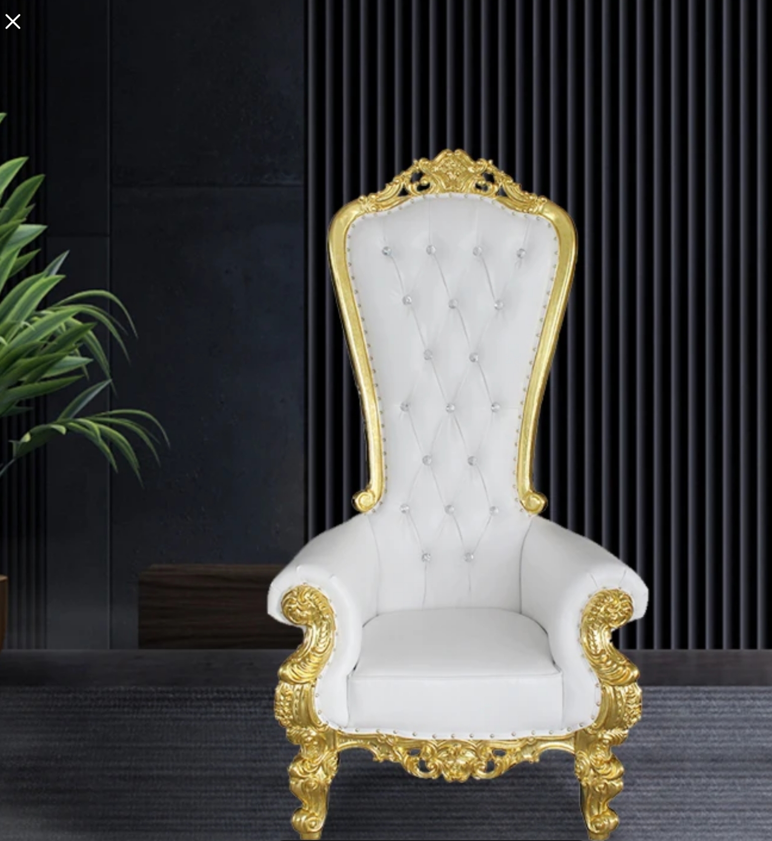 Single throne chair with high tufted white back, ornate gold baroque frame, crown crest