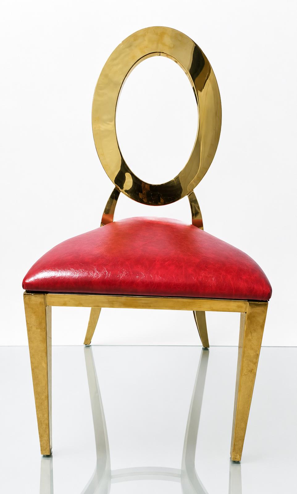 Classic Gold Circle chair with gold ring back and red leather seat