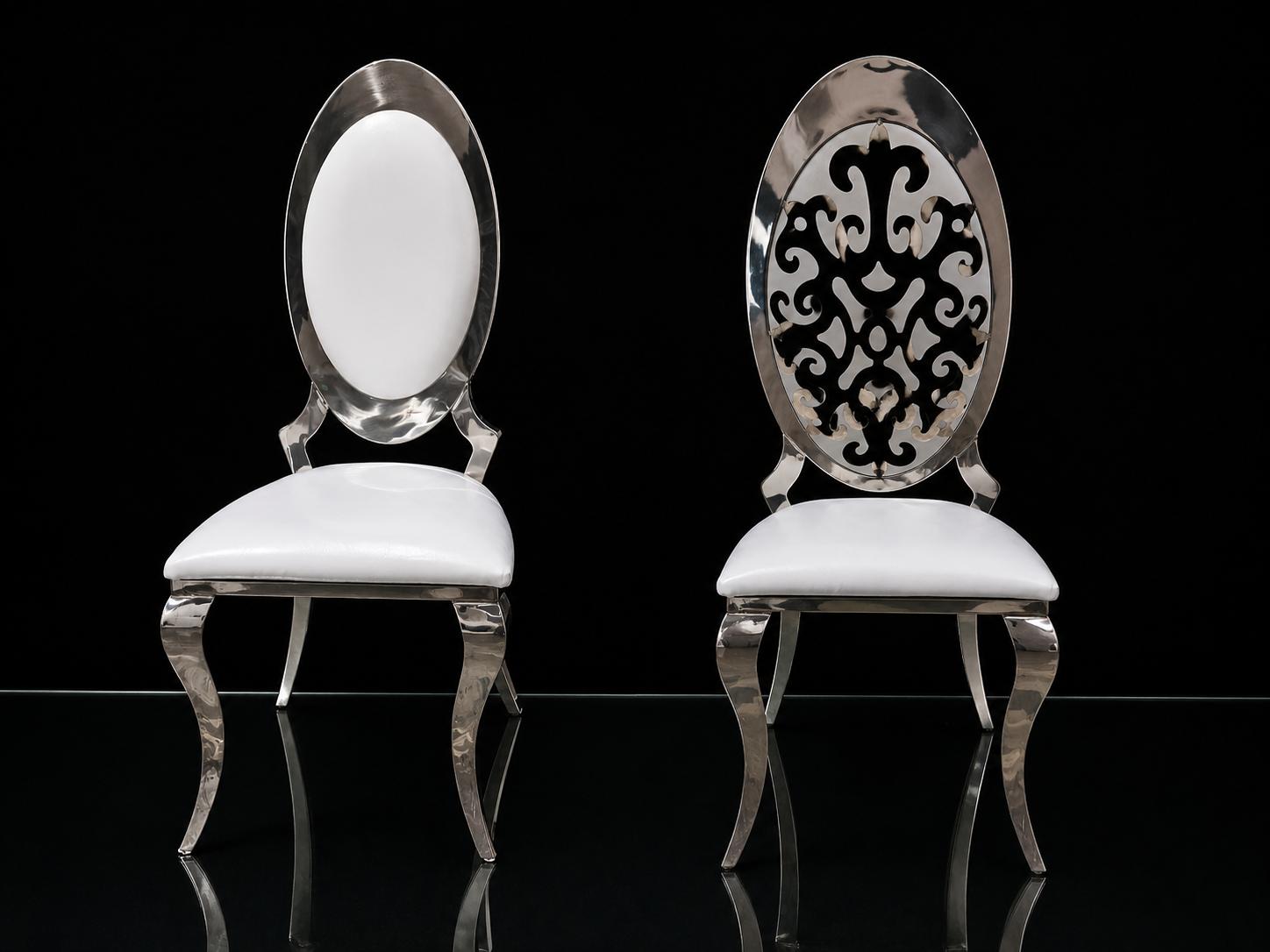 Duchess Silver Oval chair pair — chrome silver frame, plain and ornate filigree variants, white cushions