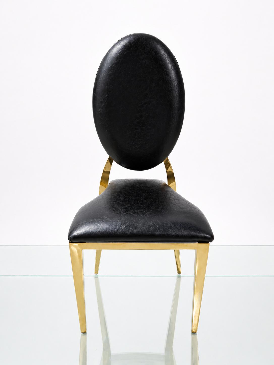 Gold Comfort chair with cushioned oval back, gold frame, black upholstery