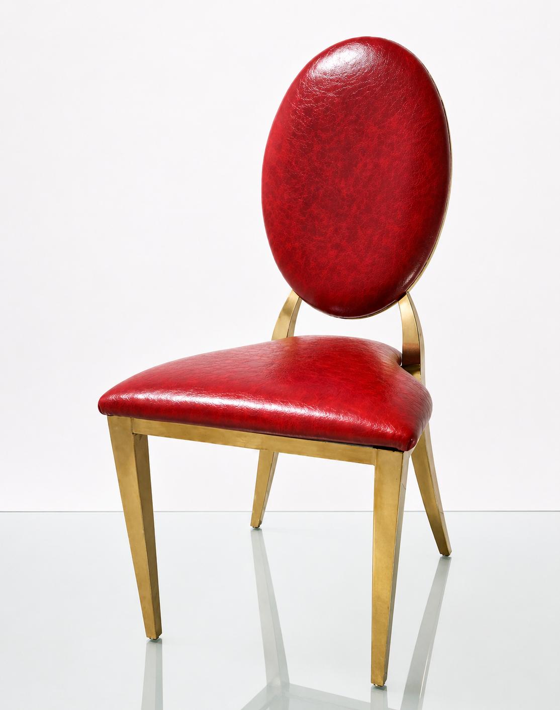 Gold Comfort chair with cushioned oval back, gold frame, red upholstery